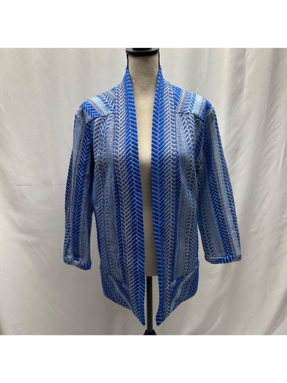Betty Chow Womens Blue & White Chevron Pattern Open Front Jacket - Size S - Picture 14 of 16